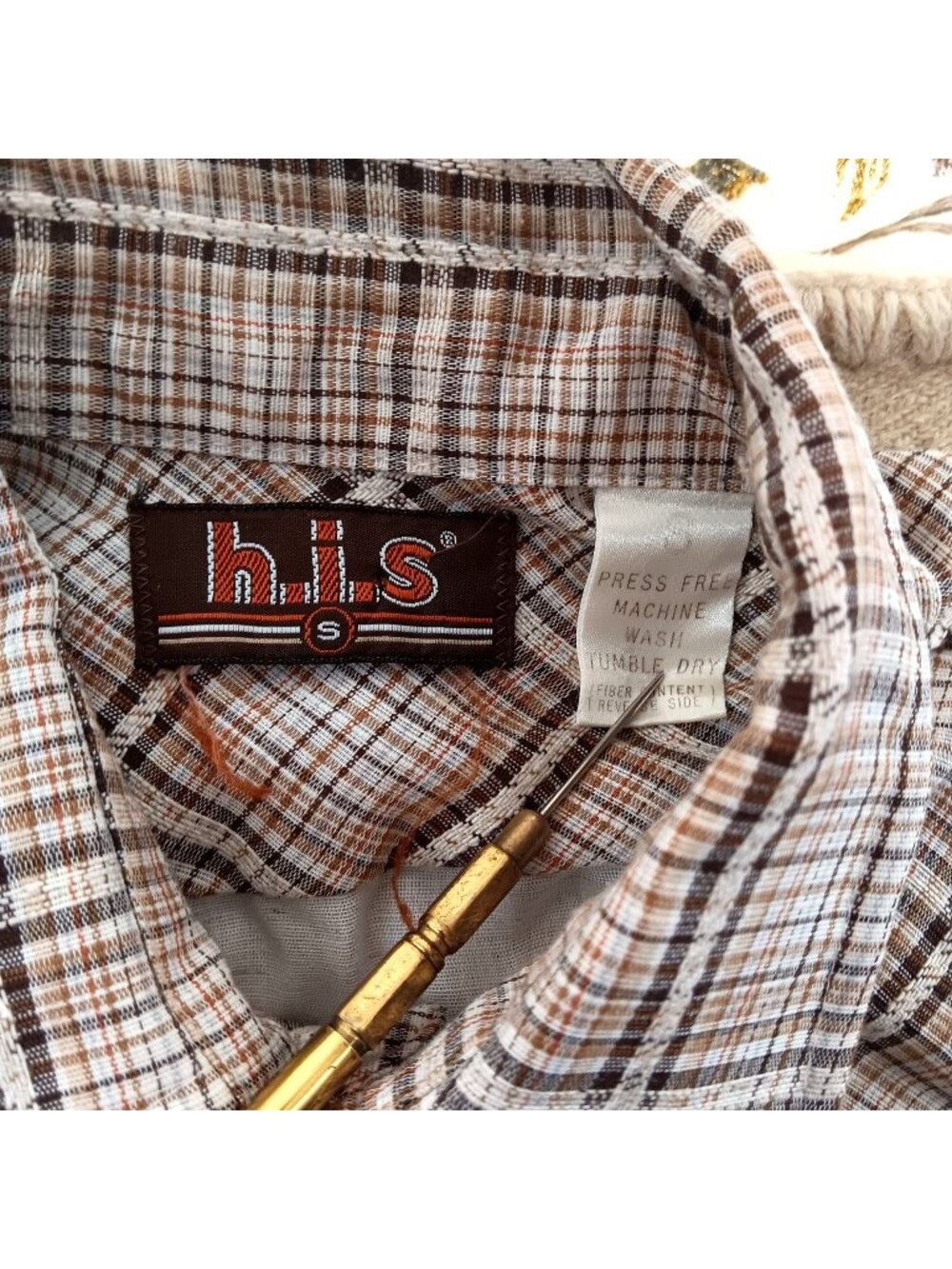 Boho Western Shirt Small Vintage Men's 70's Plaid Top Disco Cowboy H.I.S. button
